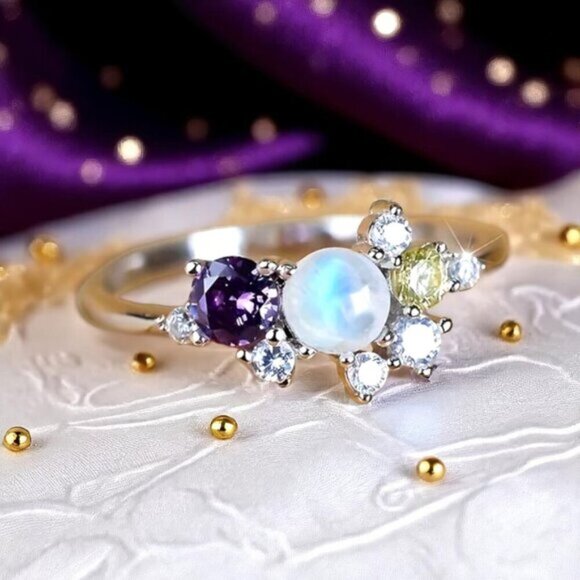 ๐๏ธ S925 Sterling Silver Moonstone Ring Colorful CZ Cluster Delicate Size 7 - Picture 10 of 12